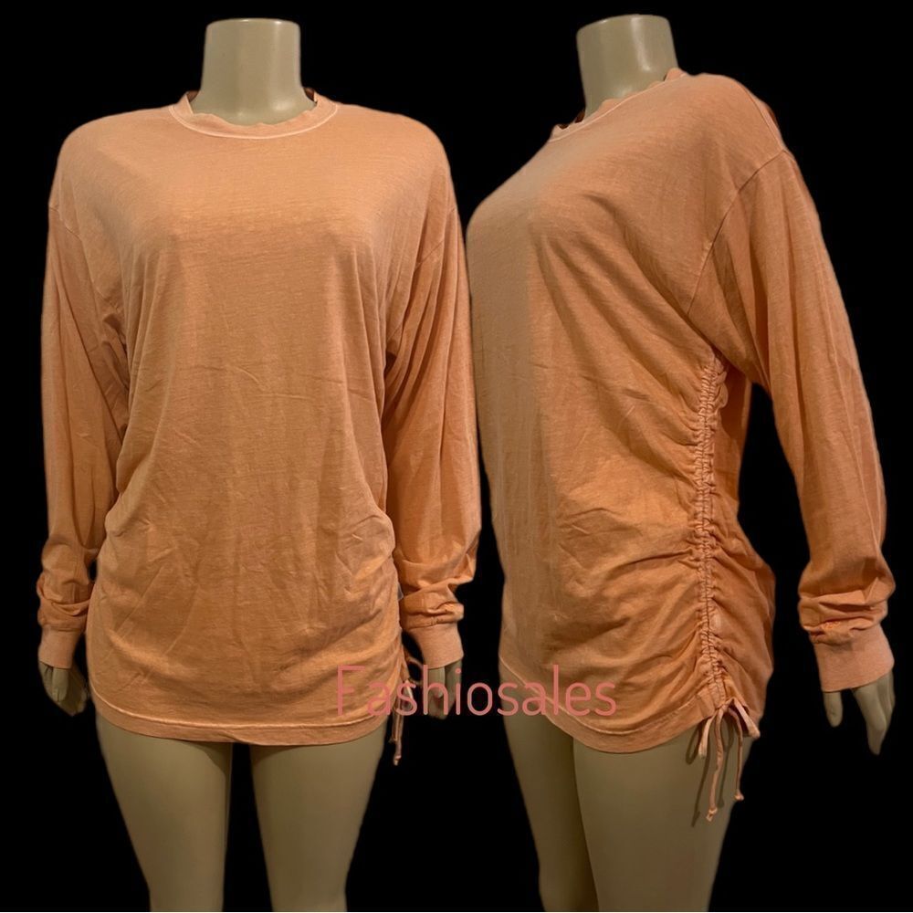 Victorias Secret Pink Campus Long Sleeve Ruched Sides Cotton Tee Shirt Peach